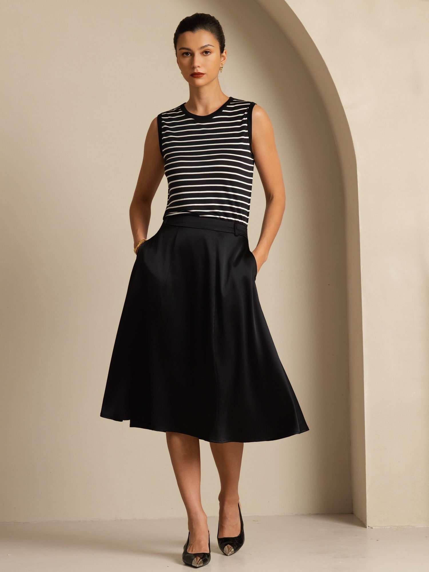 [Negro] SilkSilky-ES 19Momme Seda Skirt 001