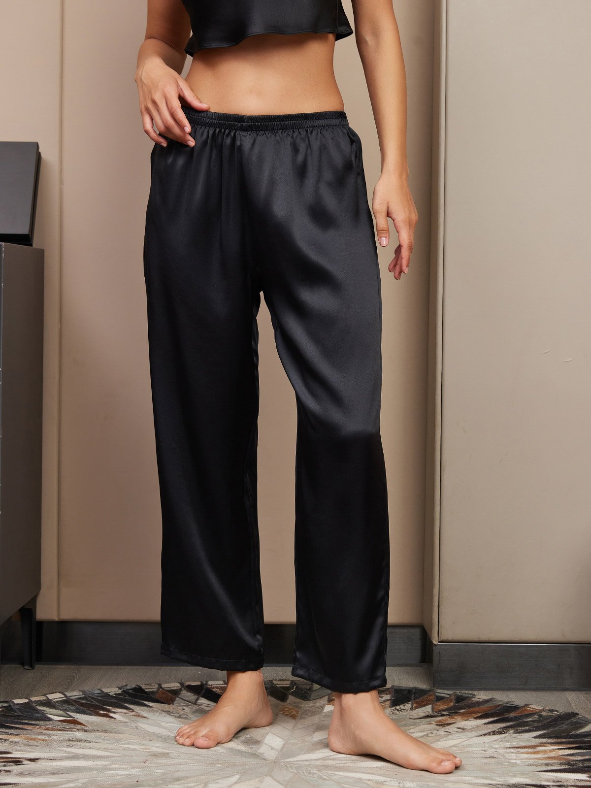 [Negro] SilkSilky-ES Seda Pura Womens Sleep Bottoms 003
