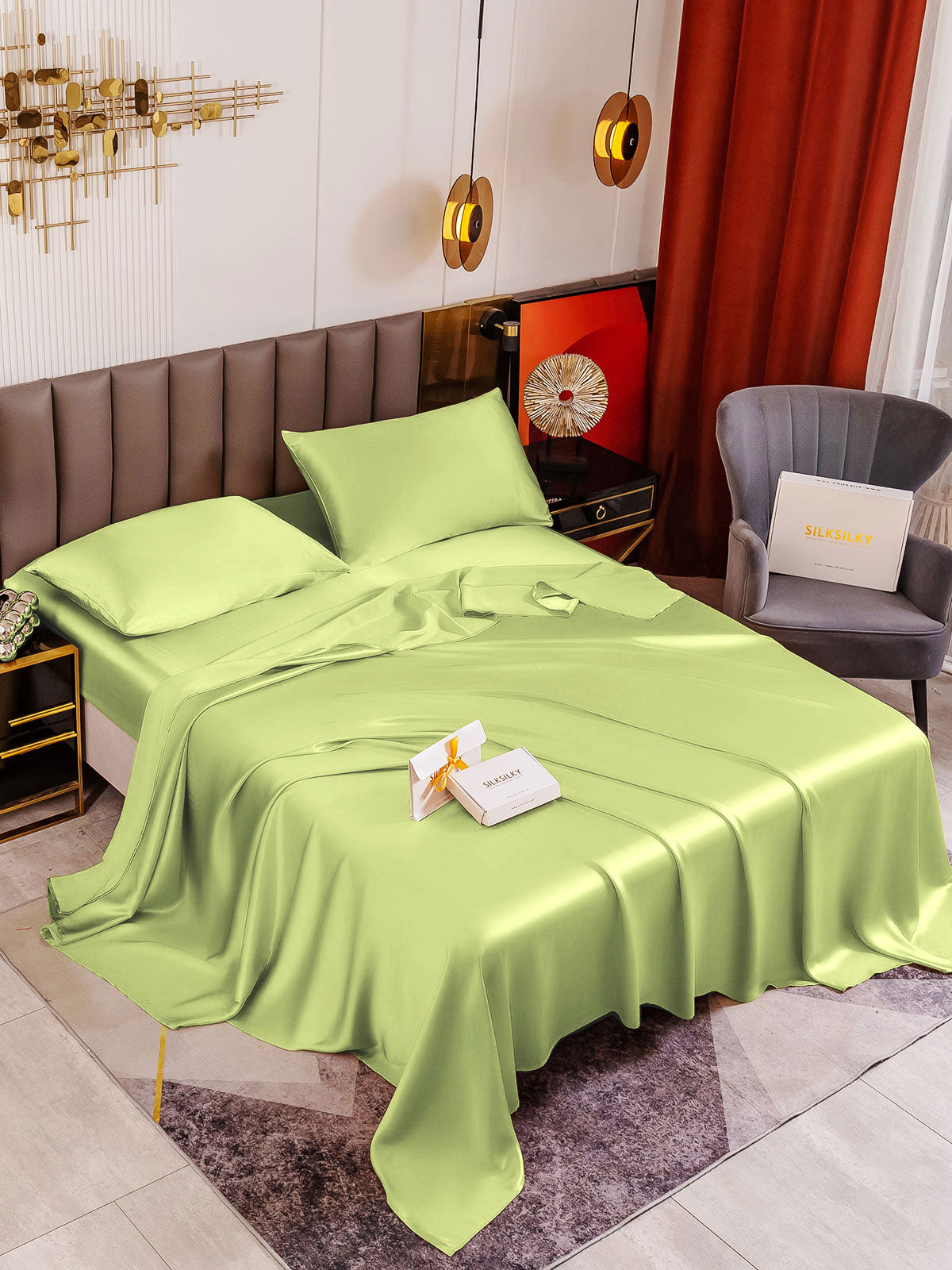 SilkSilky ES 19Momme Seda Pura Bedding Set MentaVerde 001