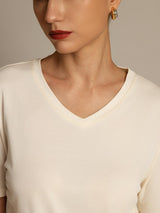 [Beige] SilkSilky-ES Manga corta Cuello en V Camisetas de Mujer 003