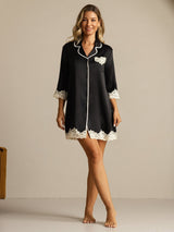 [Negro] SilkSilky-ES Seda Pura Cuello Camisero Camisas de dormir 006
