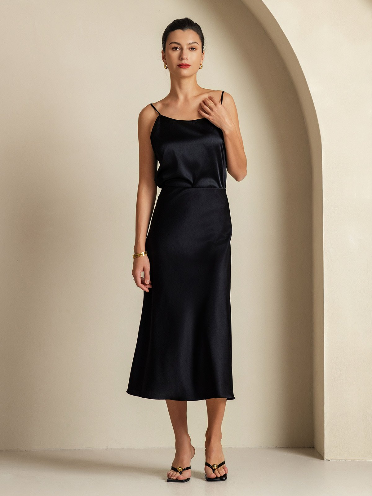 [Negro] SilkSilky-ES 19Momme Seda Pura Womens Outfit Sets 006,