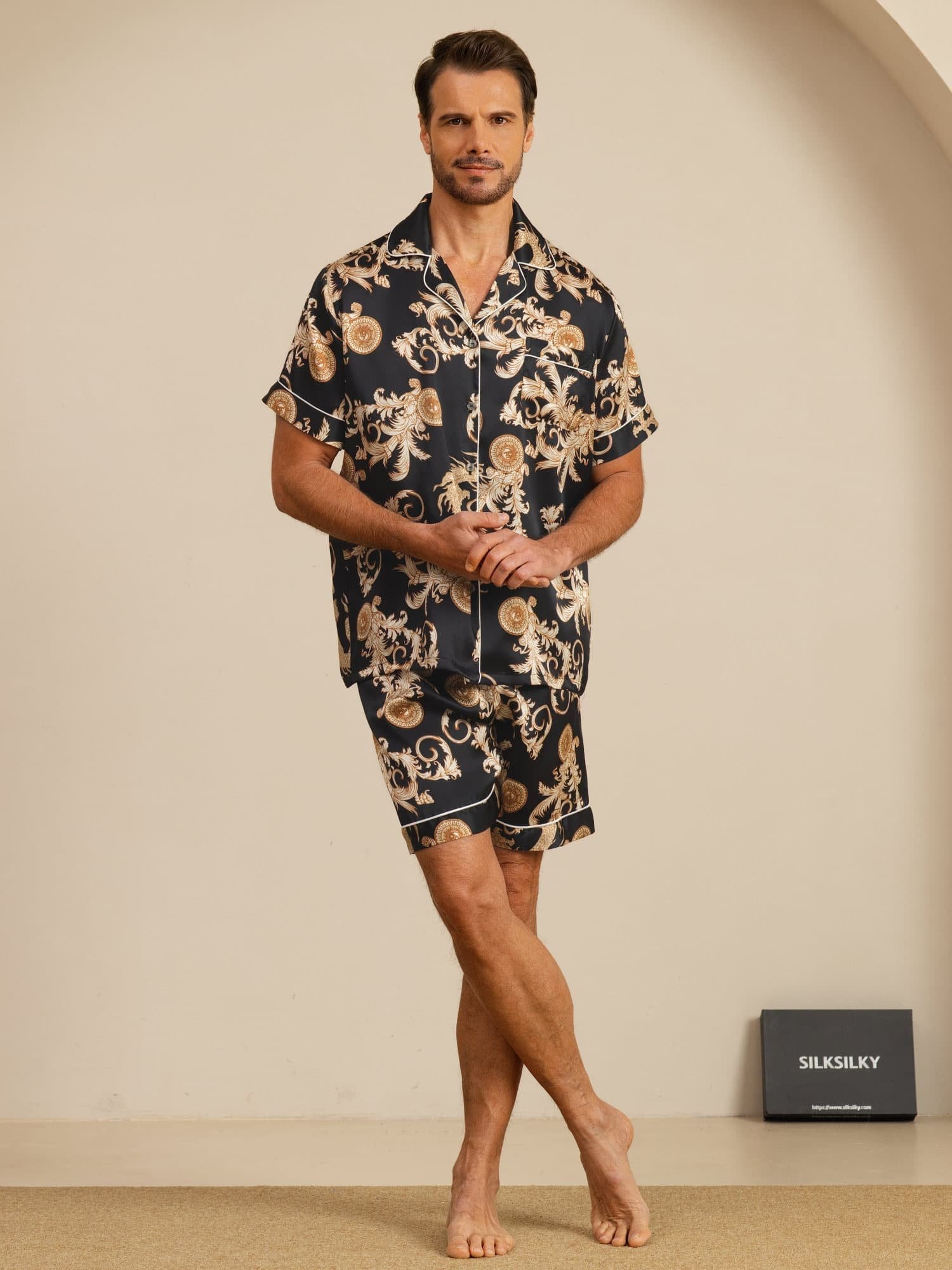 [Dragón Negro] SilkSilky-ES Manga corta Cuello de Muesca Pijamas de hombre 007