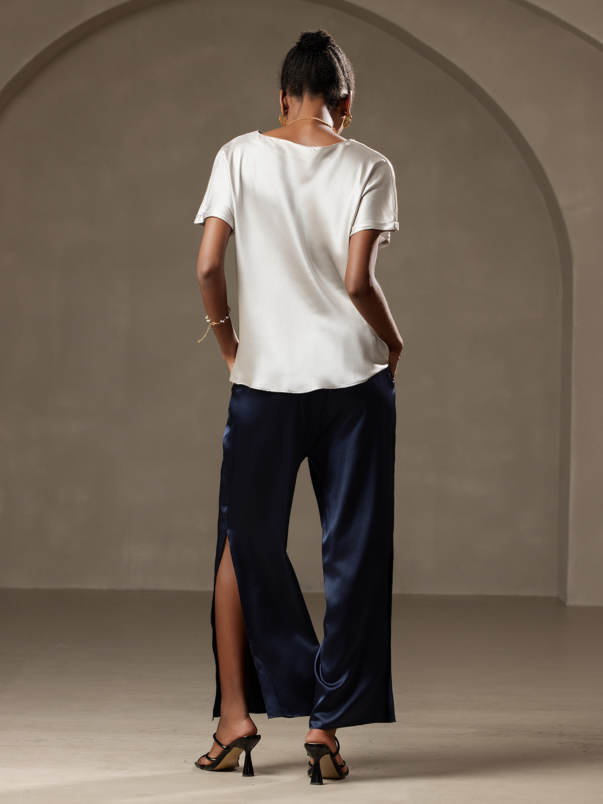 [Gris Claro] SilkSilky-ES 19Momme Seda Womens T-Shirt 002,