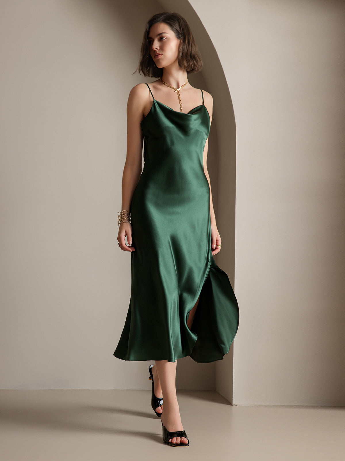 [Verde Oscuro] SilkSilky-ES 19Momme Seda Pura Sin mangas Escote Caído Vestido 001