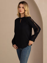 [Negro] SilkSilky-ES Long Sleeve Keyhole Neck Blusas 004