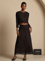 [Negro] SilkSilky-ES Seda Pura Manga larga Cuello Redondo Women''s Outfit Sets 003