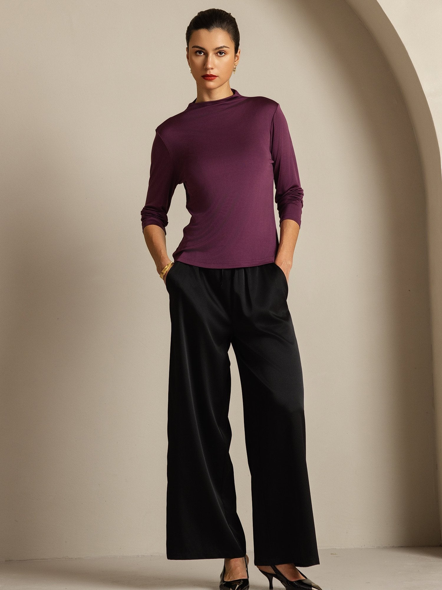 [Púrpura] SilkSilky-ES Seda Pura Womens T-Shirt 005