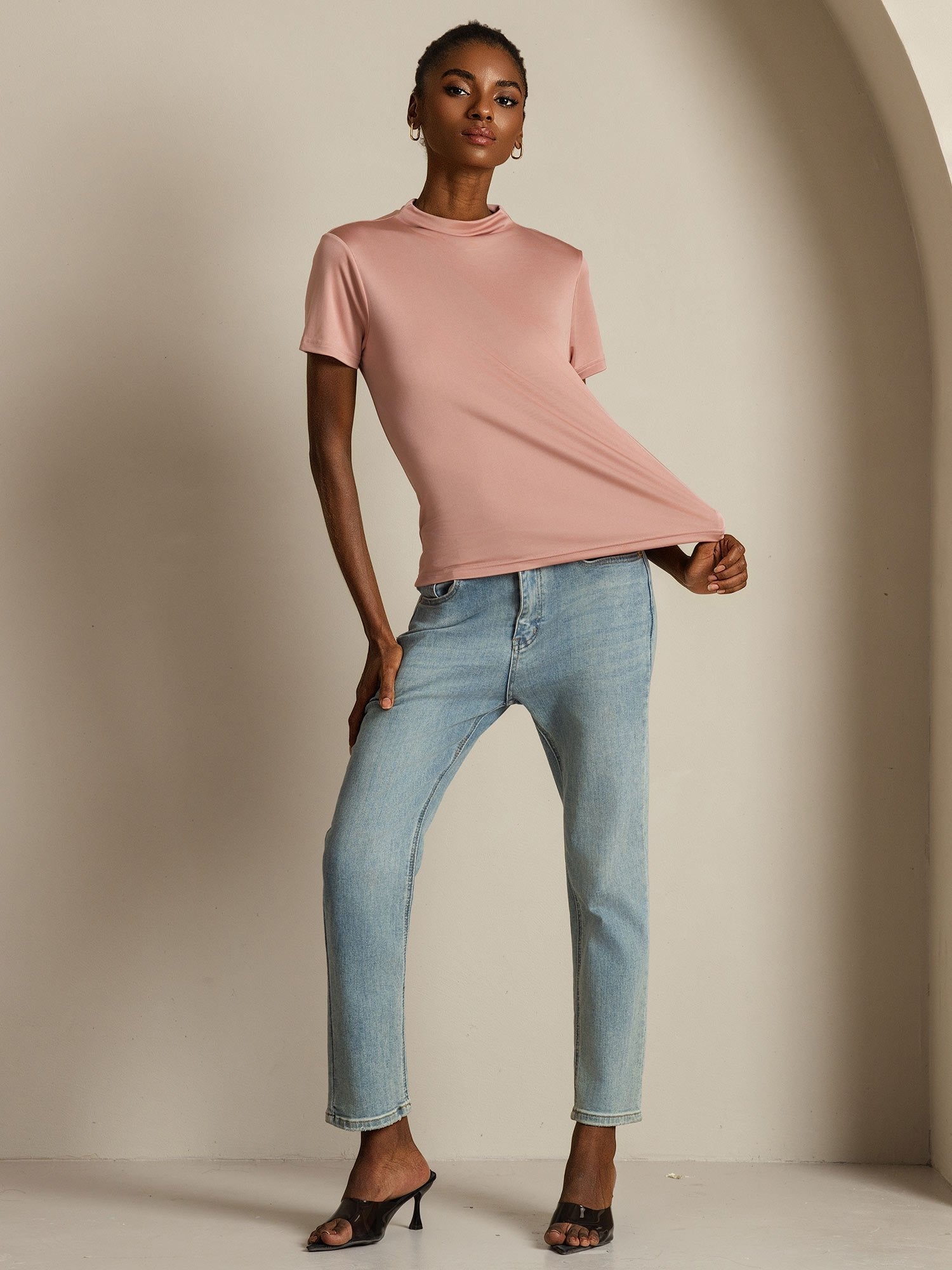 [Rosa] SilkSilky-ES Seda Pura Cuello Camisero Camisetas de Mujer 004