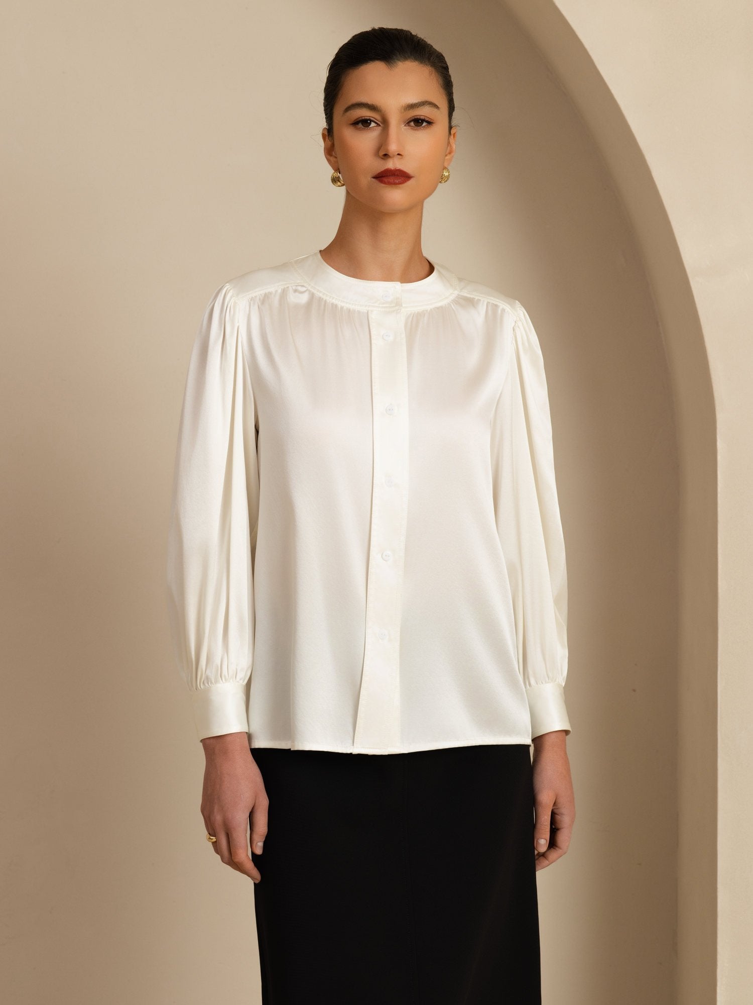 [Blanco] SilkSilky-ES 19Momme Long Sleeve Round Neck Blusa 003