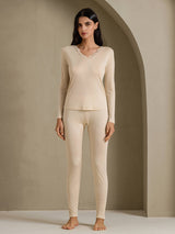 [Beige] SilkSilky-ES Long Sleeve V Neck Ropa Interior Larga Mujer 001