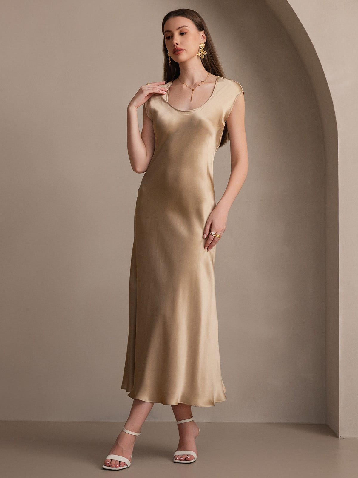 [Champán] SilkSilky-ES 19Momme Seda Dress 006