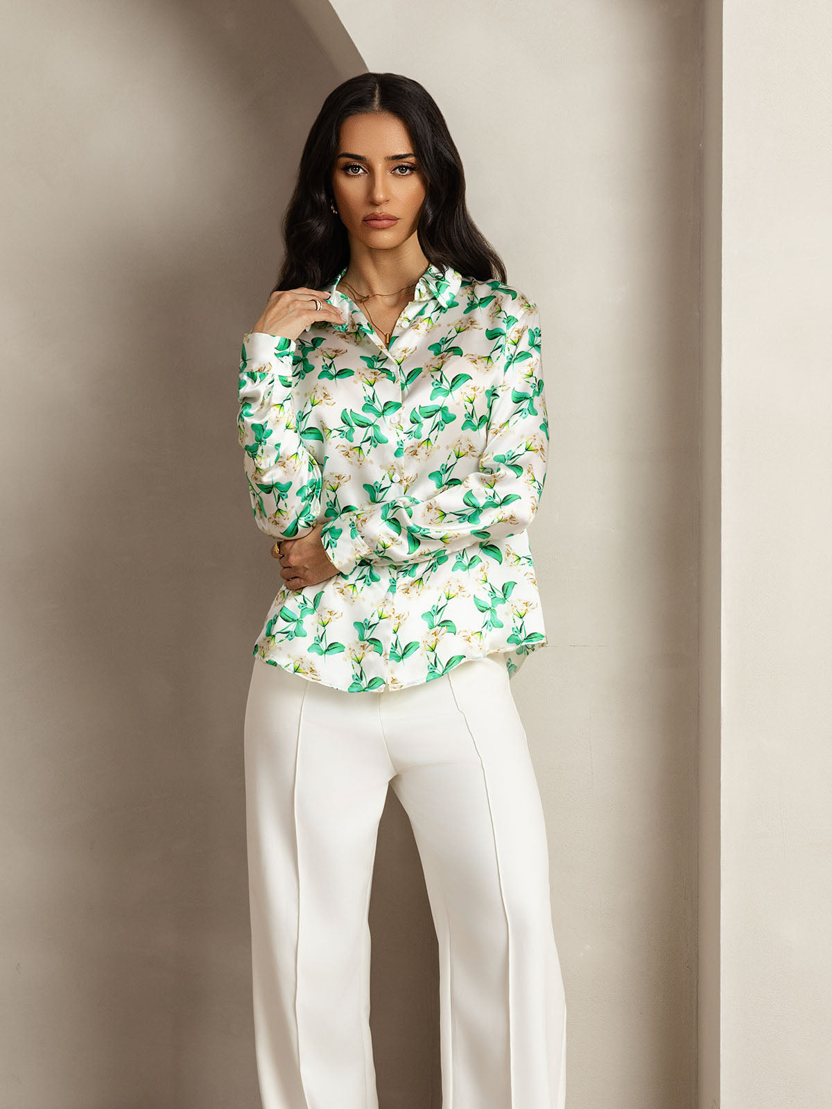 [Floral Verde] SilkSilky-ES Seda Lapel Collar Blusas de Mujer 006