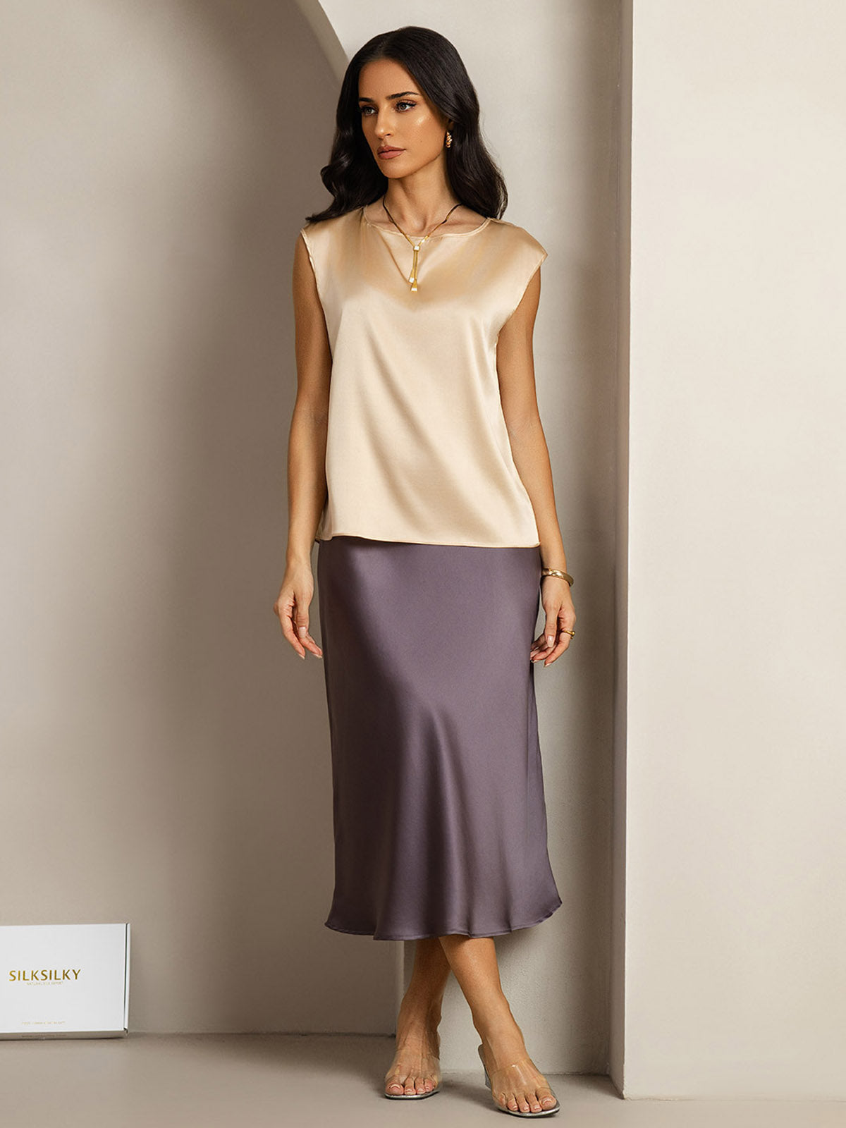 [Champán] SilkSilky-ES 19Momme Seda Womens T-Shirt 003