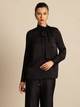 [Negro] SilkSilky-ES 19Momme Manga larga Cuello Lazo Blusa 004