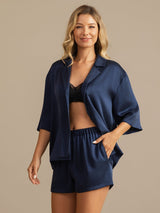 [Azul Oscuro] SilkSilky-ES 19Momme A metà Cuello de Muesca Pijamas de mujer 003