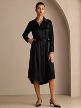 [Negro] SilkSilky-ES Long Sleeve Lapel Collar Vestido 001
