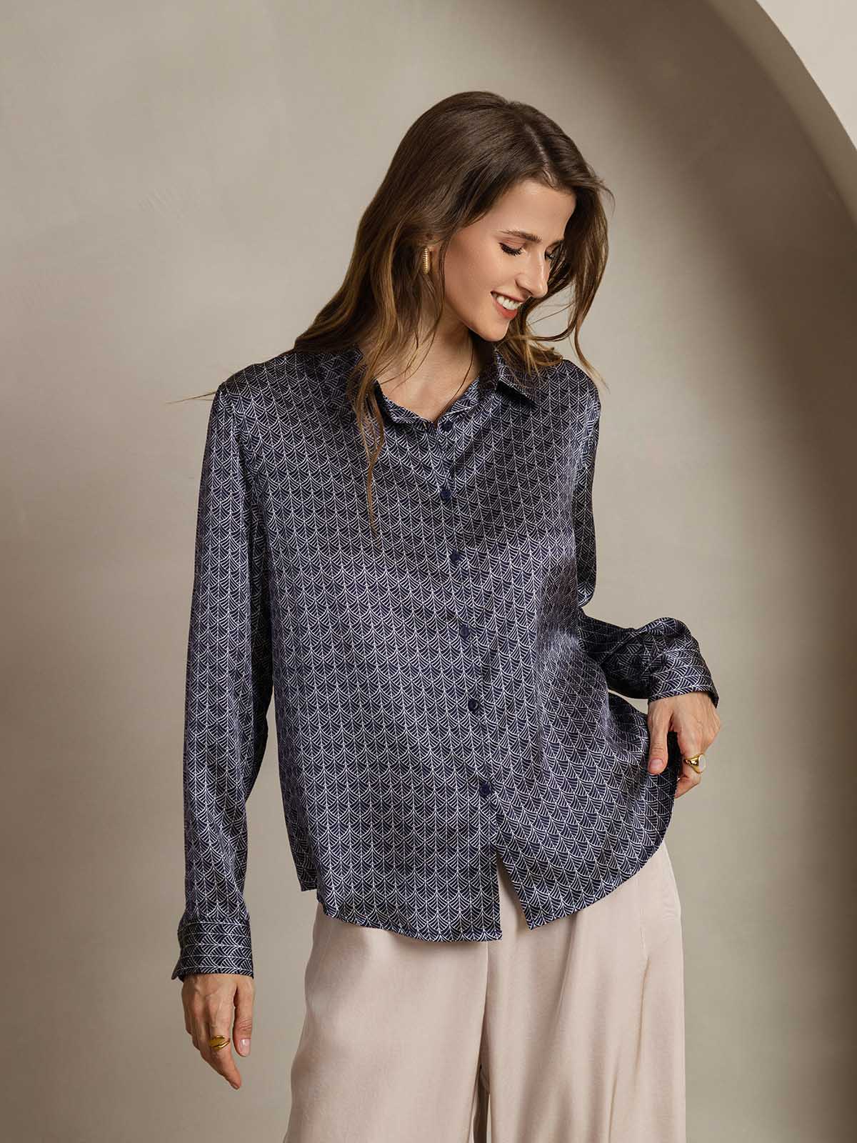 [Ginkgo Azul Marino] SilkSilky-ES Seda Manga larga Cuello Camisero Blusas de Mujer 005