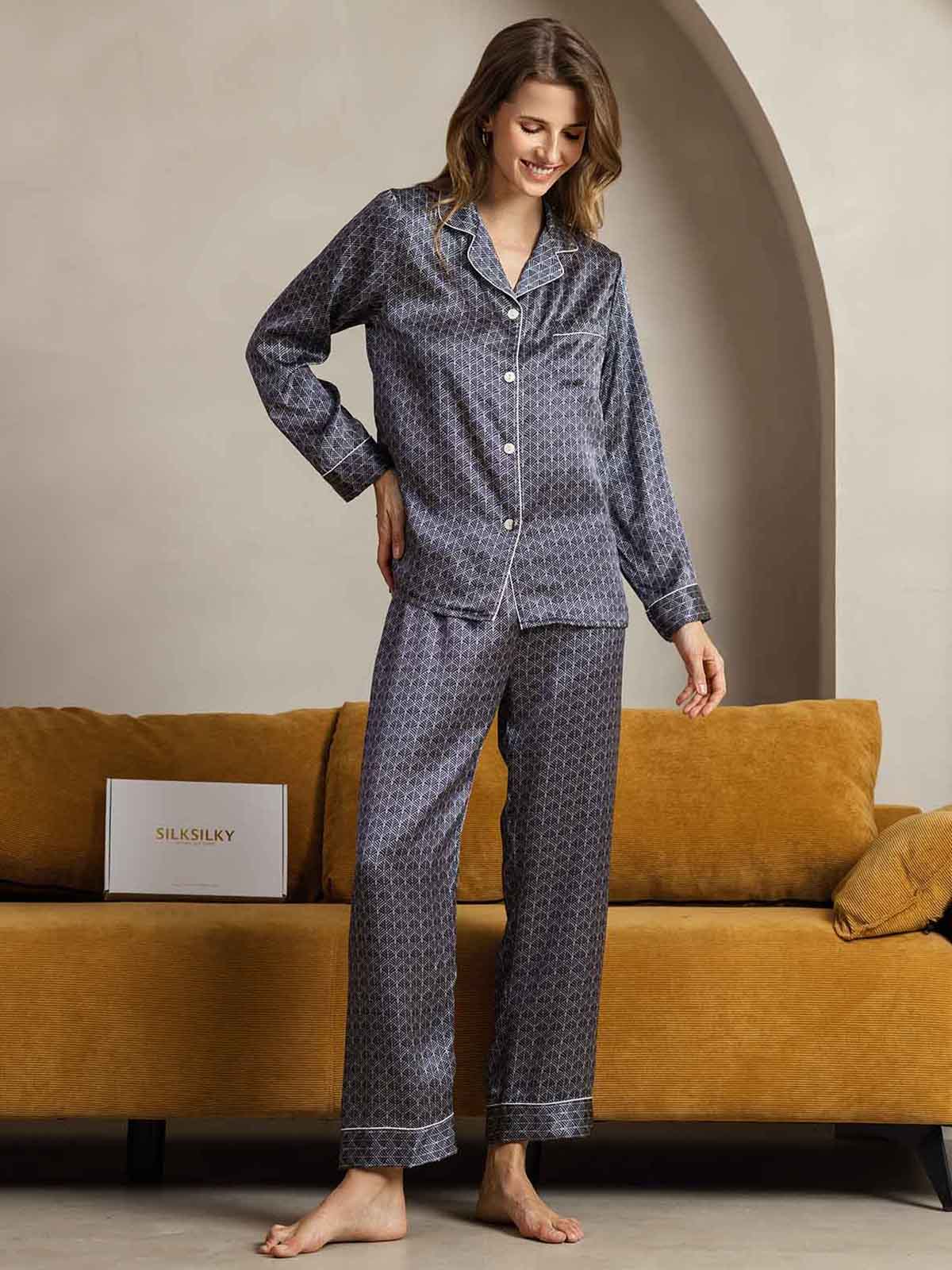 [Ginkgo Azul Marino] SilkSilky-ES Seda Pura Womens Pajamas 005