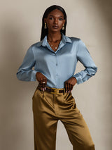 [Azul Grisáceo] SilkSilky-ES Long Sleeve Lapel Collar Blusas de Mujer 003