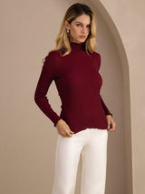[Vino] SilkSilky-ES Long Sleeve Turtle Neck Camisetas de Mujer 003