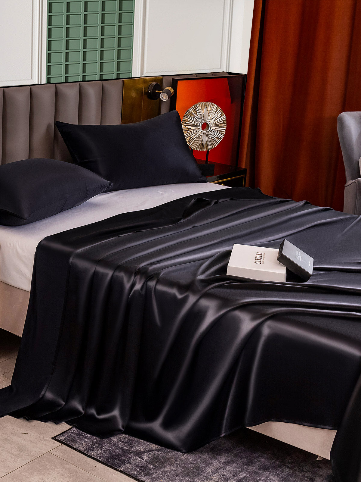 [Negro] SilkSilky-ES 25Momme Seda Pura Bedding Set 004