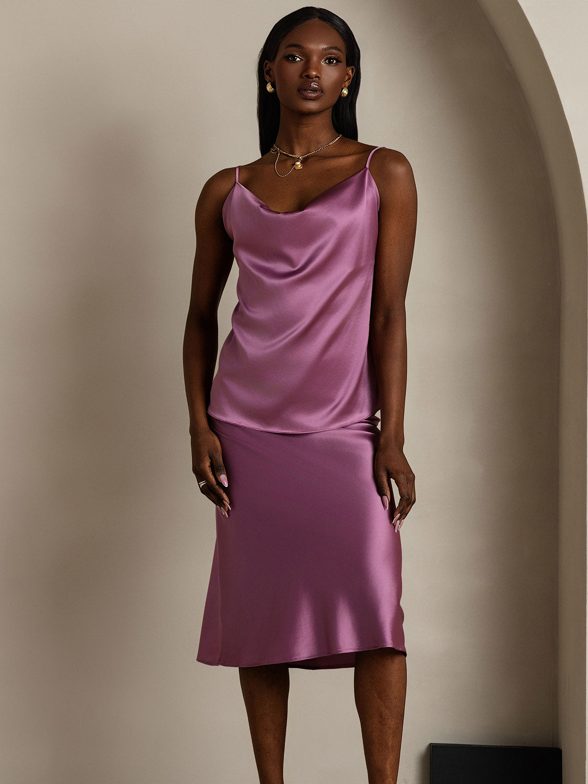 [Morado Oscuro] SilkSilky-ES 19Momme Seda Escote Caído Top de tirantes 005