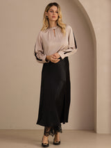 [Marrón Claro] SilkSilky-ES Long Sleeve Keyhole Neck Blusas 007
