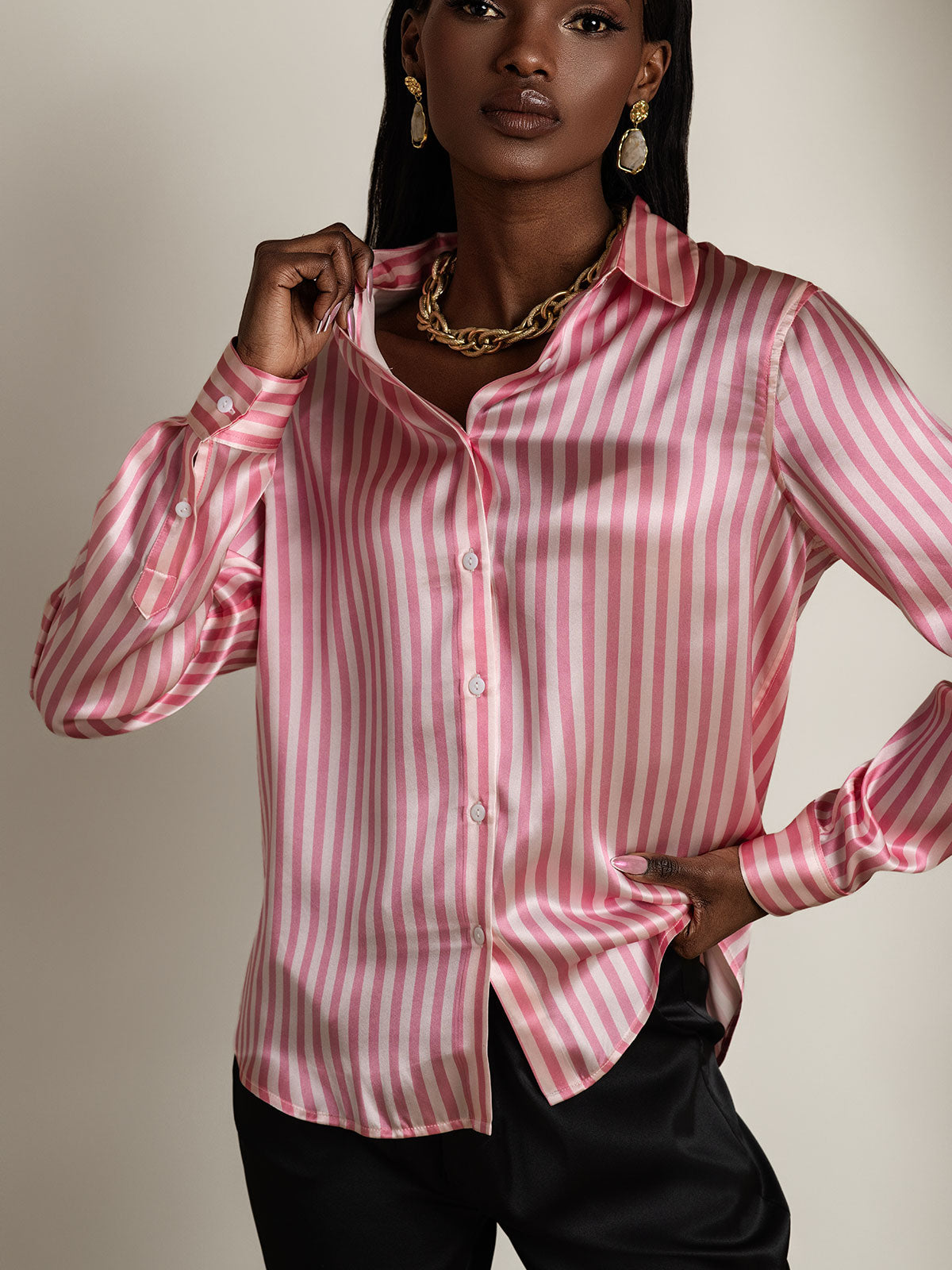 [Rosa] SilkSilky-ES Seda Lapel Collar Blusas de Mujer 003