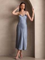 [Azul Grisáceo] SilkSilky-ES Spaghetti Strap V Neck Vestido 006