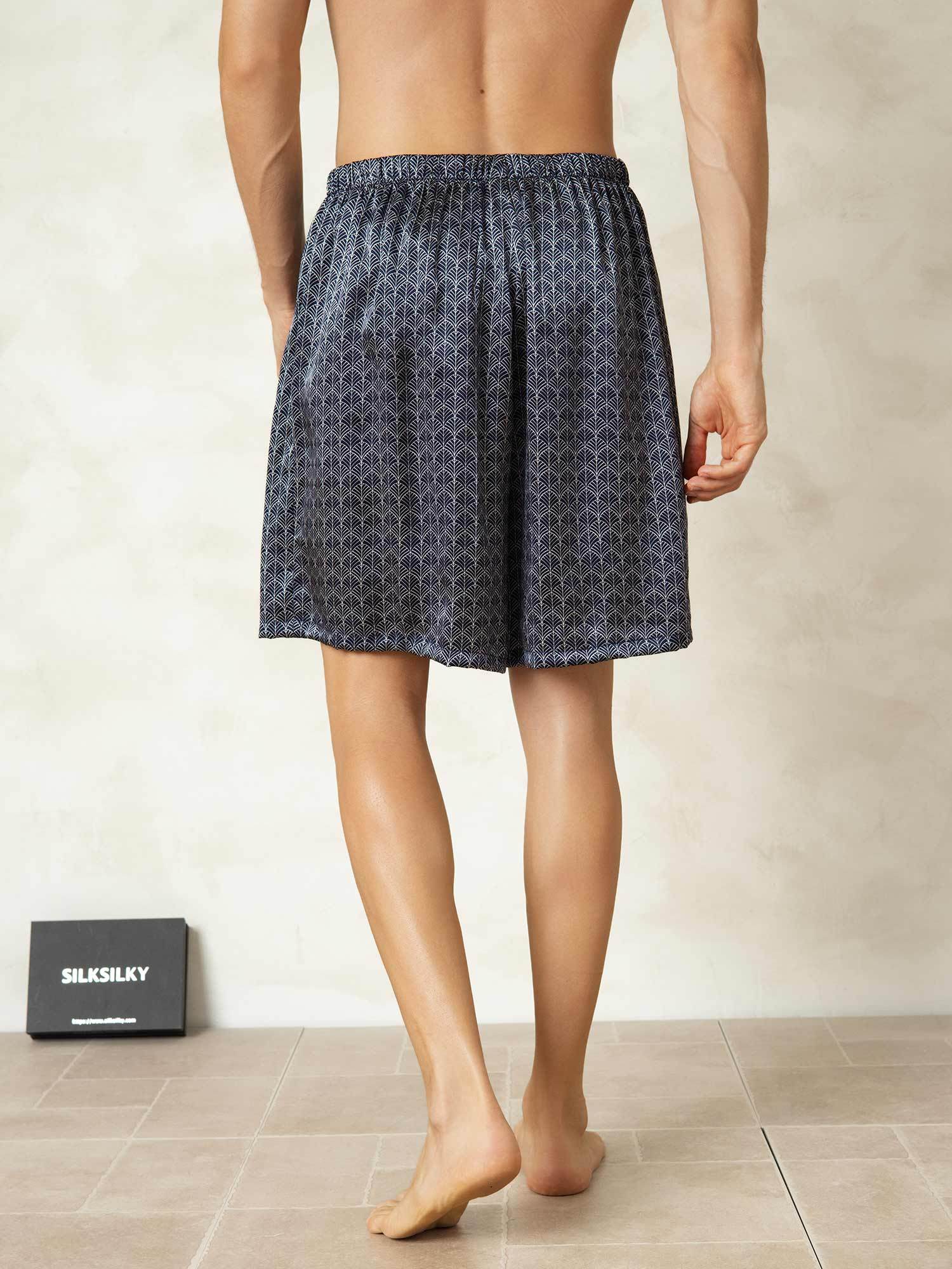 [Ginkgo Azul Marino] SilkSilky-ES Seda Pura Mens Sleep Bottoms 002,