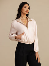 [MarrónClaro+Rosa] SilkSilky-ES 18Momme Manga larga Cuello Alto Chaqueta de mujer 005