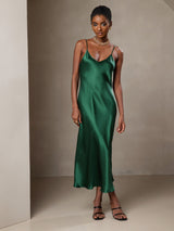 [Verde] SilkSilky-ES Spaghetti Strap V Neck Vestido 001