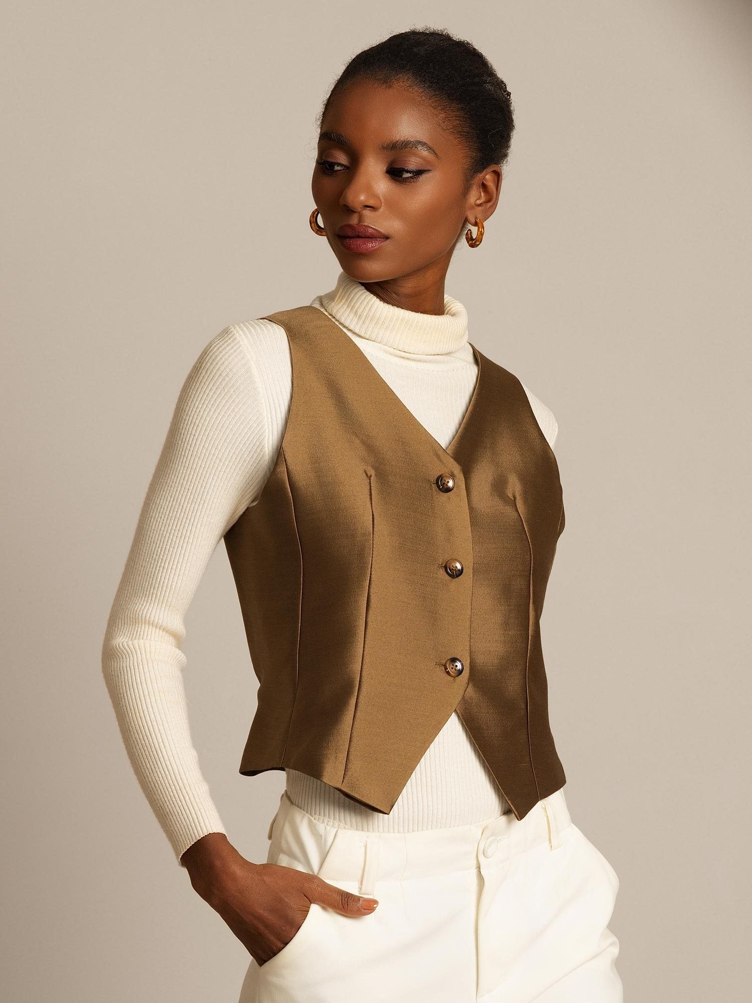 [Bronce] SilkSilky-ES 32Momme Silk-Wool Blend Cuello en V Chaleco Mujer 004,