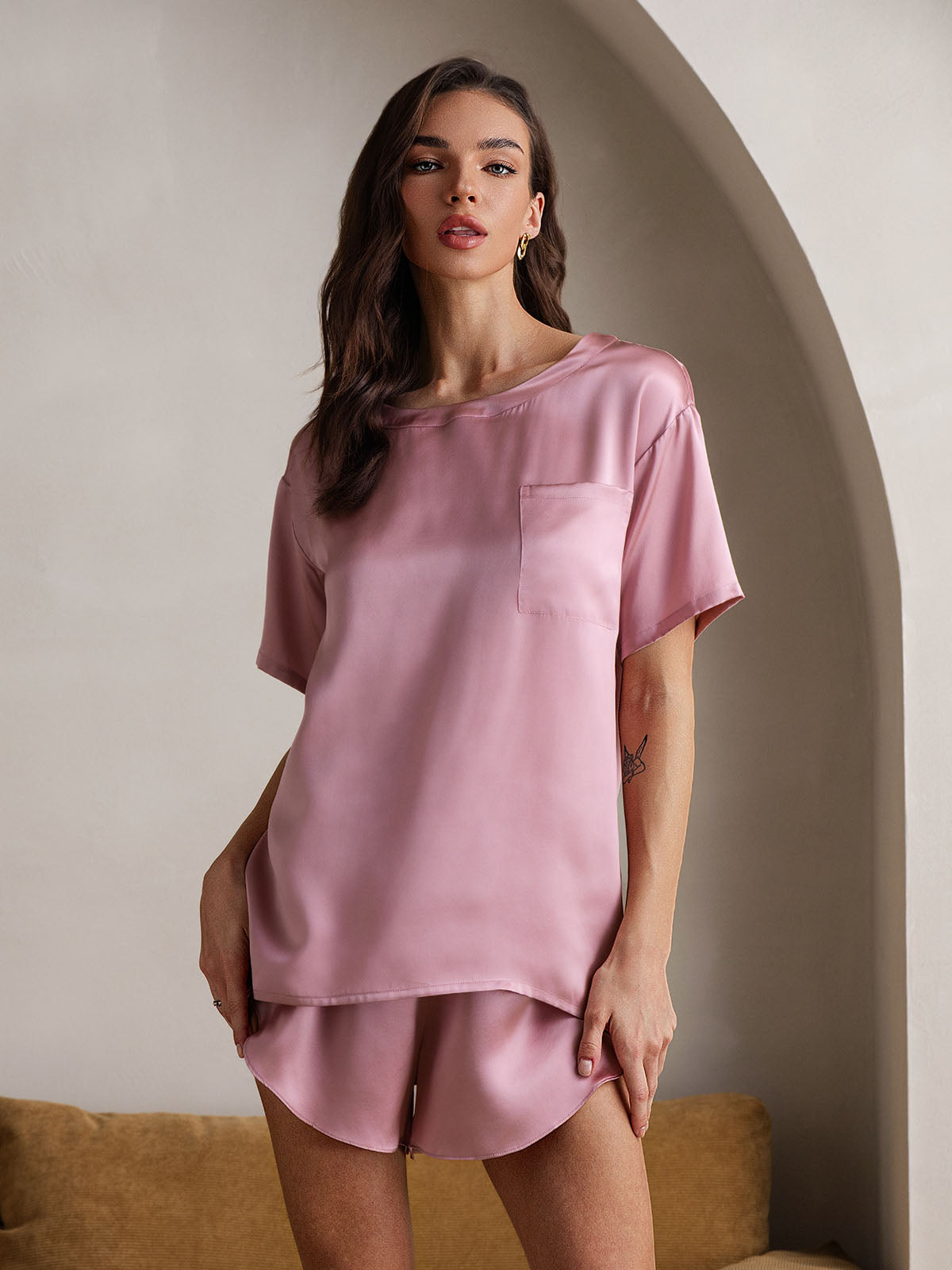 [Malva Pálido] SilkSilky-ES Seda Pura Womens Pajamas 004