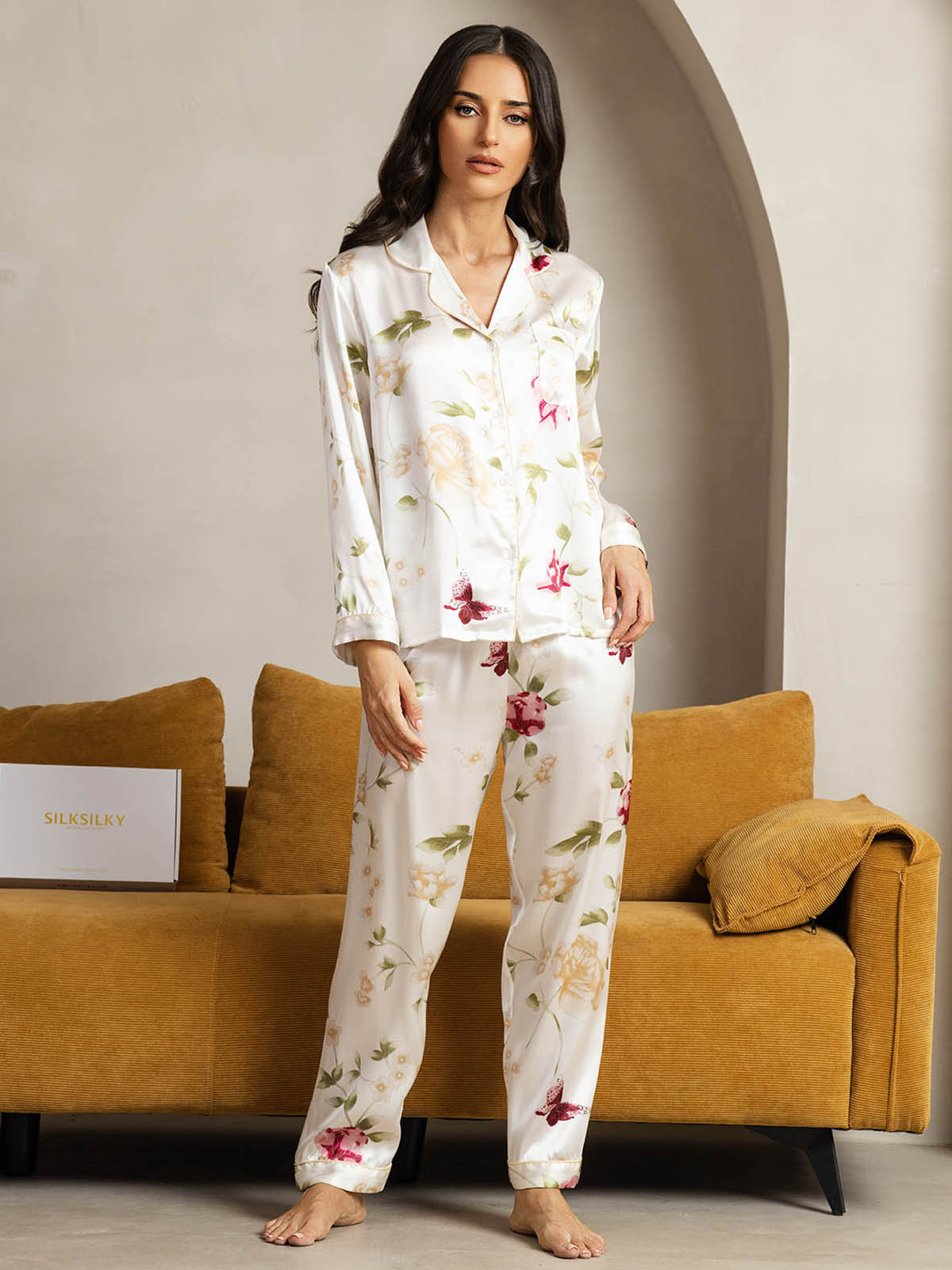 [Floral Marfil] SilkSilky-ES Seda Pura Womens Pajamas 003
