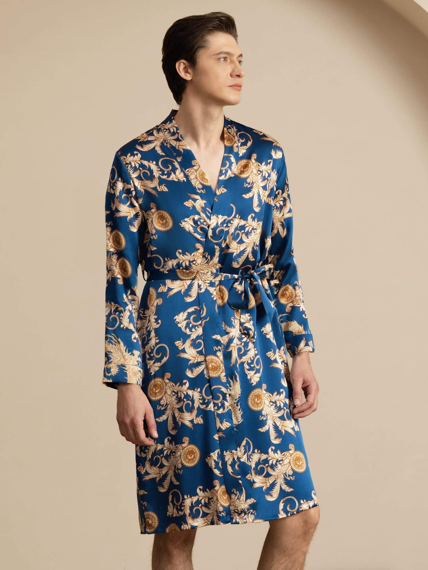 [Dragón Navy] SilkSilky-ES Long Sleeve Mens Robe 001