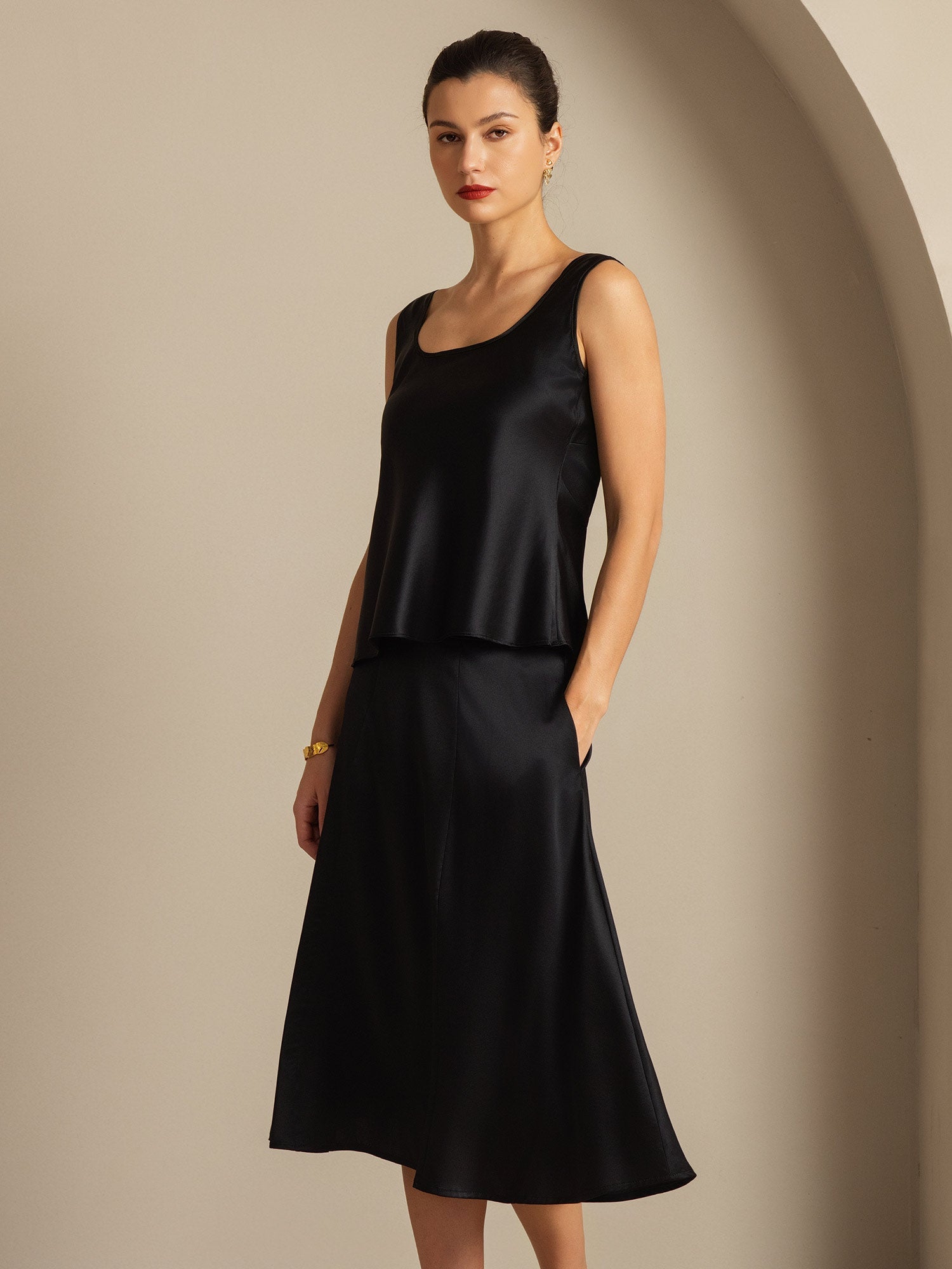 [Negro] SilkSilky-ES 19Momme Seda Cuello en U Top de tirantes 004,