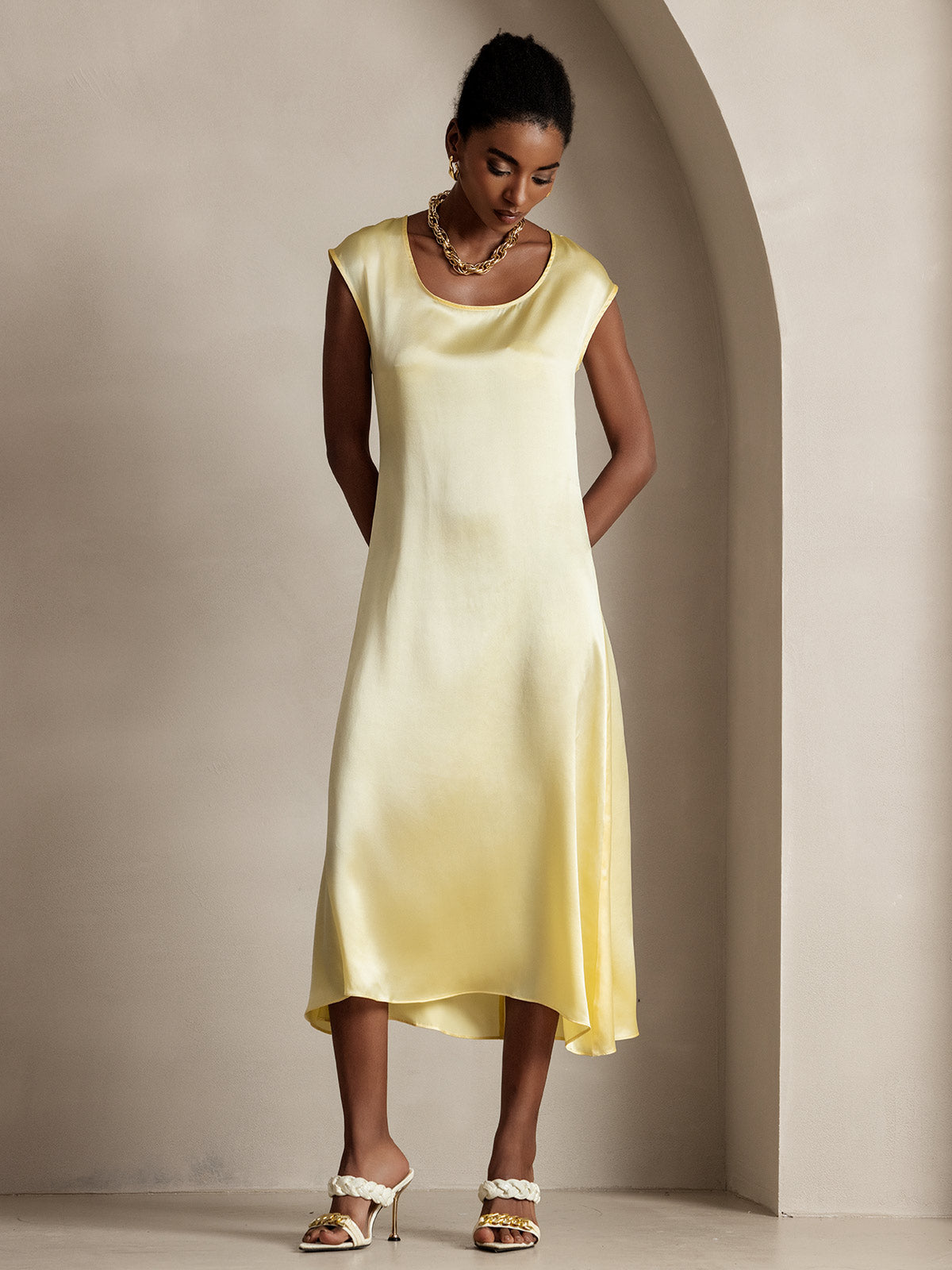 [Amarillo Claro] SilkSilky-ES 19Momme Seda Dress 006