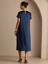 [Azul Oscuro] SilkSilky-ES Short Sleeve Round Neck Vestido 002