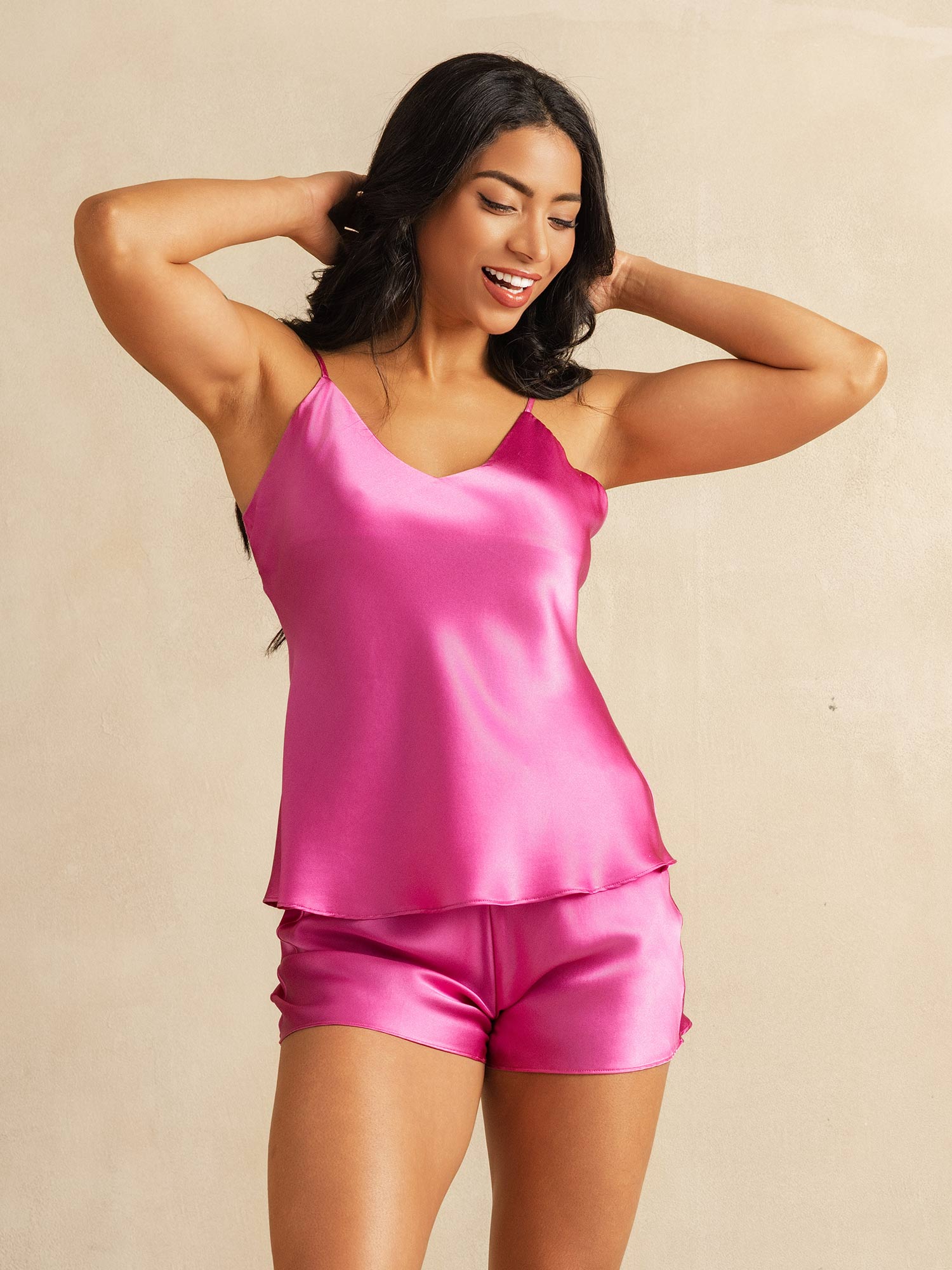 [Rosa Roja] SilkSilky-ES Seda Pura Cuello en V Conjunto de tirantes 003
