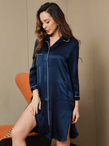 [Azul Oscuro] SilkSilky-ES Seda Pura Manga francesa Solapa Camisas de dormir 008