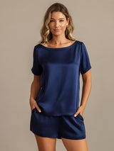 [Azul Oscuro] SilkSilky-ES 19Momme Manga corta Cuello Redondo Pijamas de mujer 001
