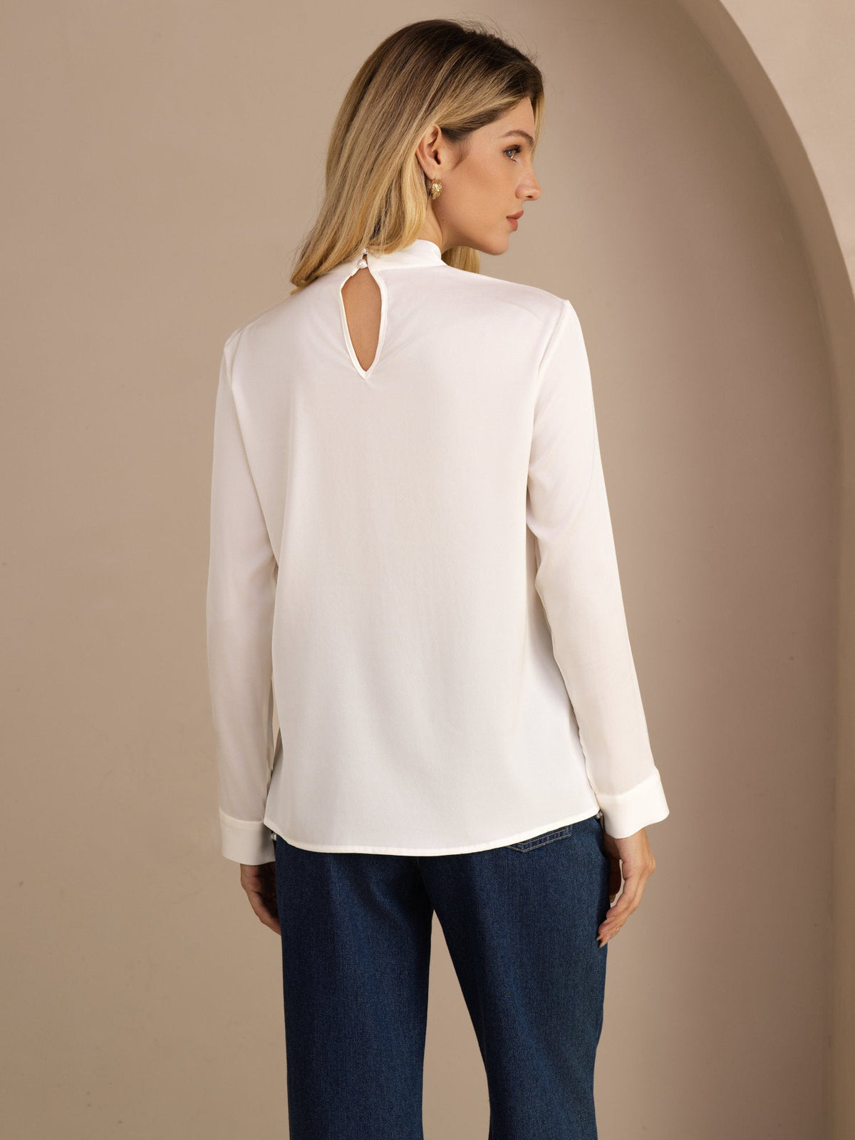 [Blanco] SilkSilky-ES Long Sleeve Stand Collar Blusas 002