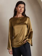 [Marrón] SilkSilky-ES Long Sleeve Boat Neck Blusa 003