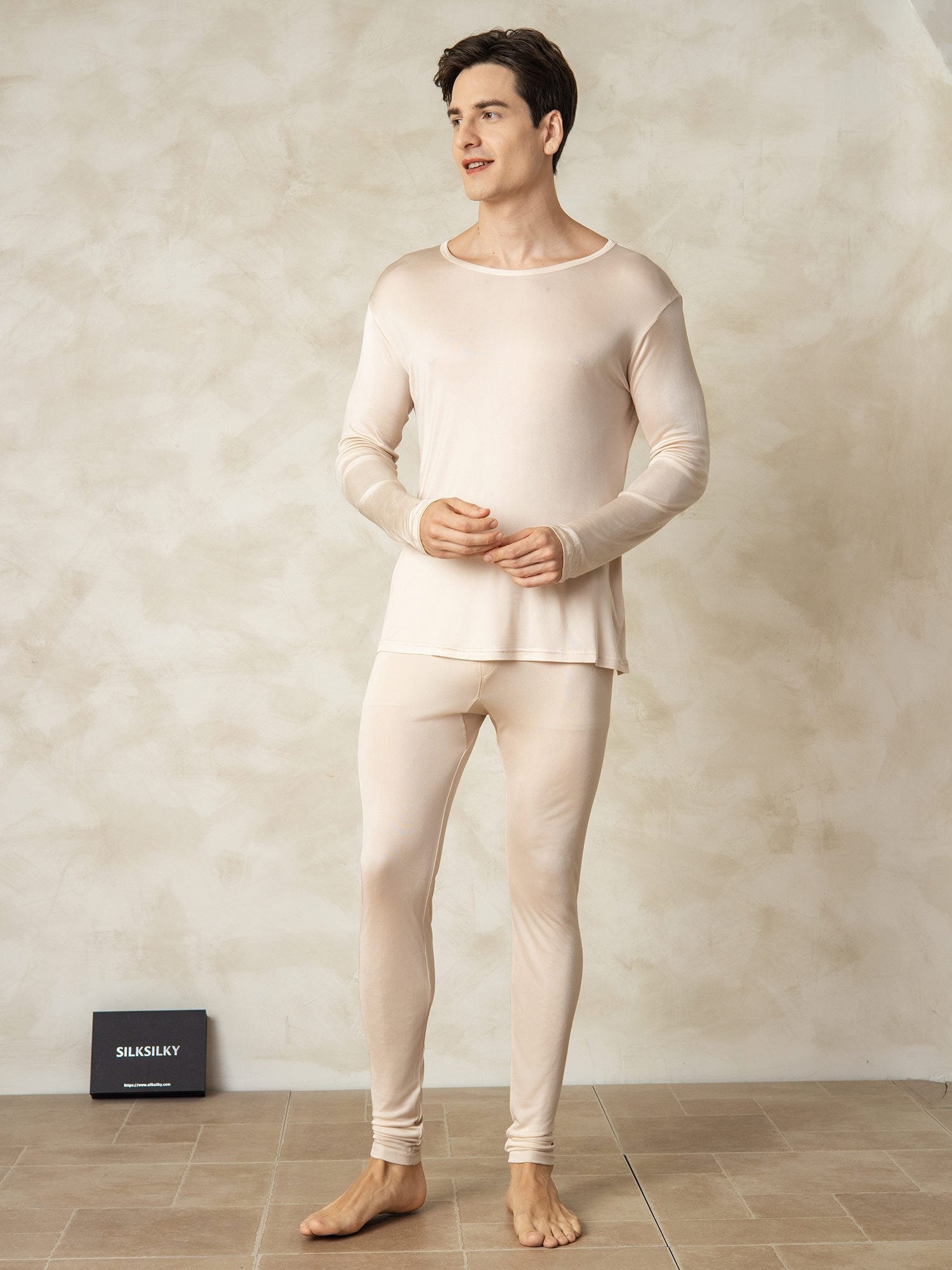 [MarrónClaro] SilkSilky-ES Seda Mens Pajamas 001