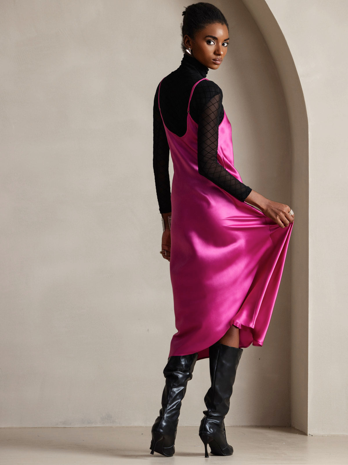 [Rosa Roja] SilkSilky-ES Spalline Sottili Cuello en V Vestido 002