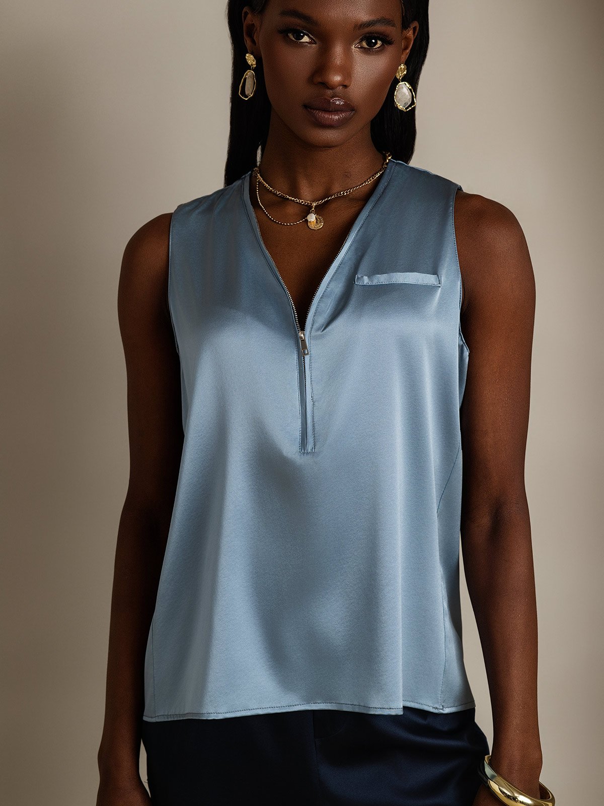 SilkSilky-ES 19Momme Seda Sin mangas Cuello en V Blusas de Mujer AzulGrisáceo 001