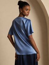 [Verde Azulado Real] SilkSilky-ES Short Sleeve Cowl Neck Blusas 002