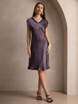 [Gris Púrpura] SilkSilky-ES Cap Sleeve V Neck Camisón 006